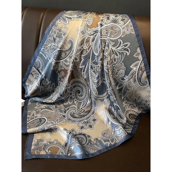 ⭐Elegant Bandana Square Scarf Silky Satin Soft Blue Silver Versatile Paisley - Picture 7 of 8